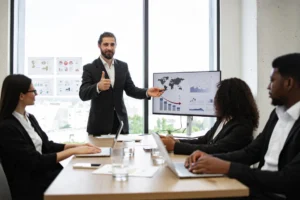 A business development manager presenting to colleagues with performance charts