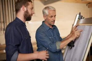 An assessor observing an adult apprentice completing a practical task in a workshop