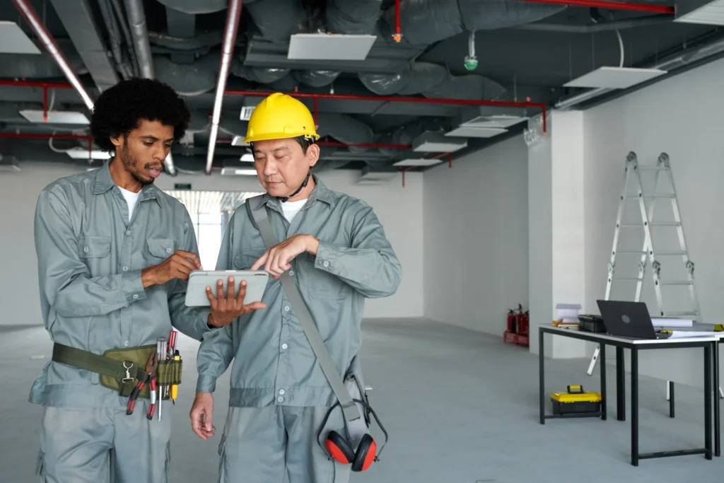 A vocational assessor observing an adult apprentice completing a practical task on site