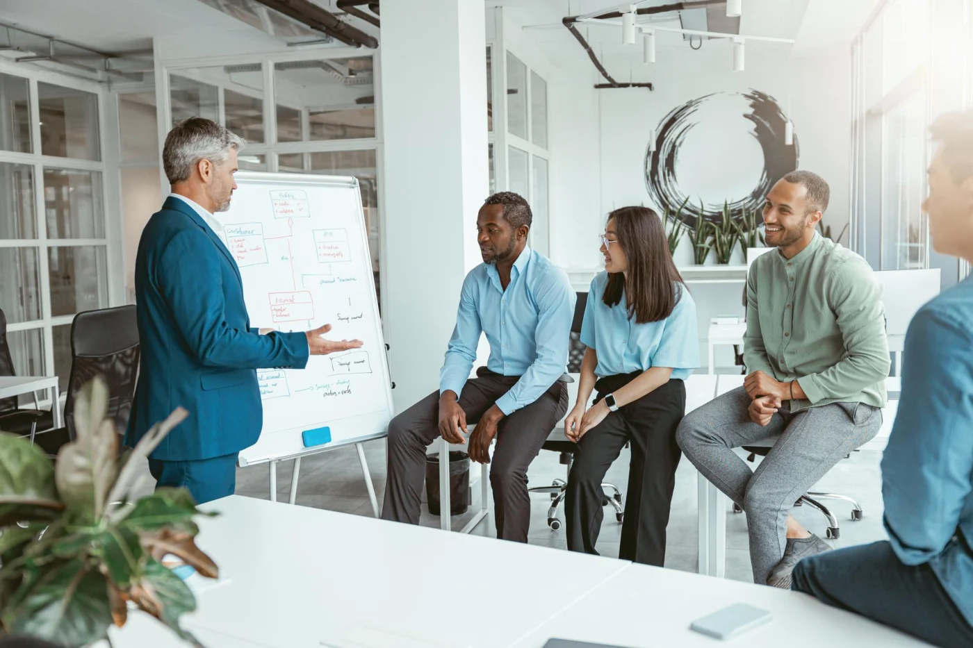 A trainer at a flip chart leading a delivery-planning session with colleagues in a training provider's office