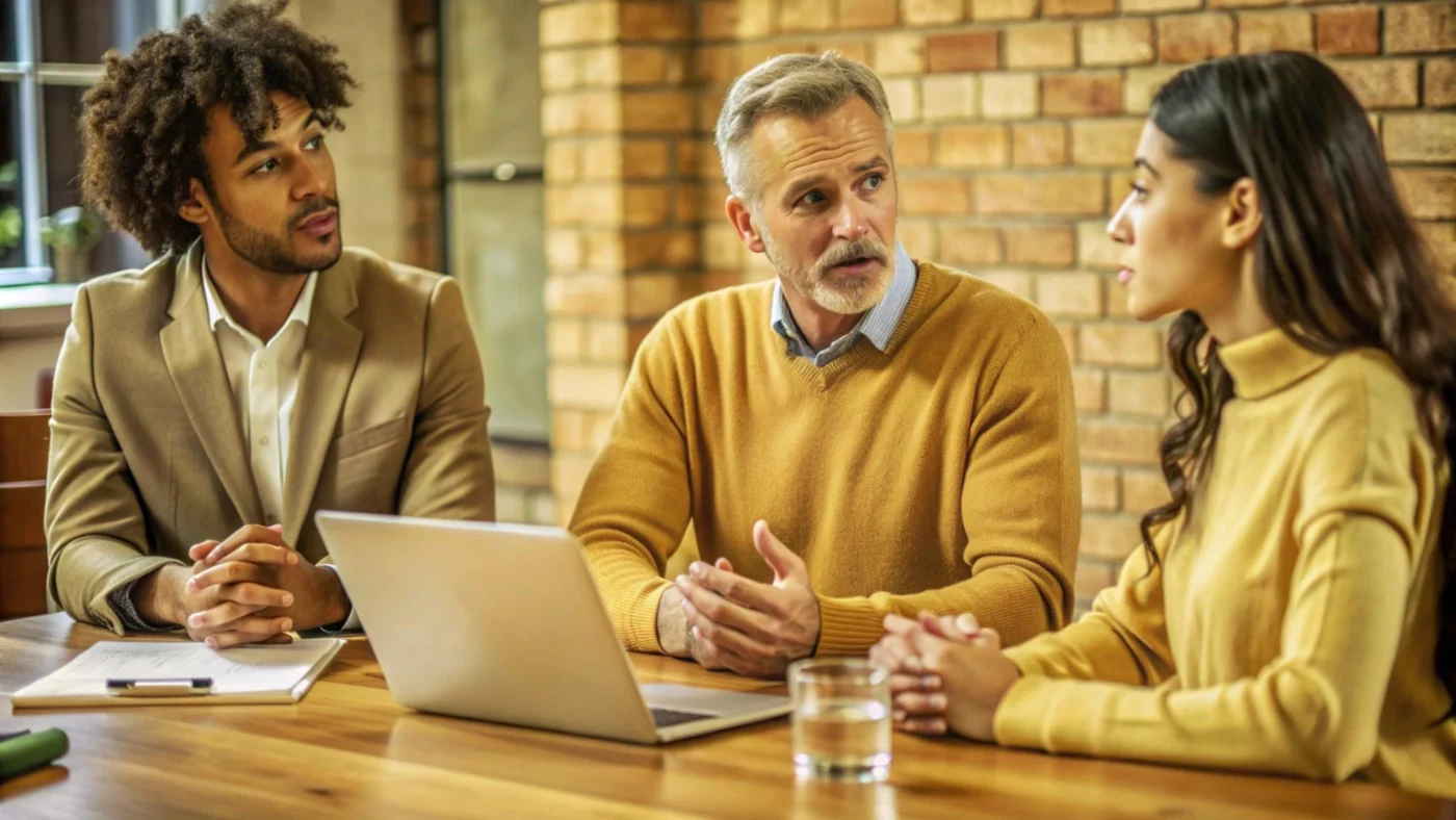 Three colleagues in conversation around a laptop at a table in a warm brick-walled office