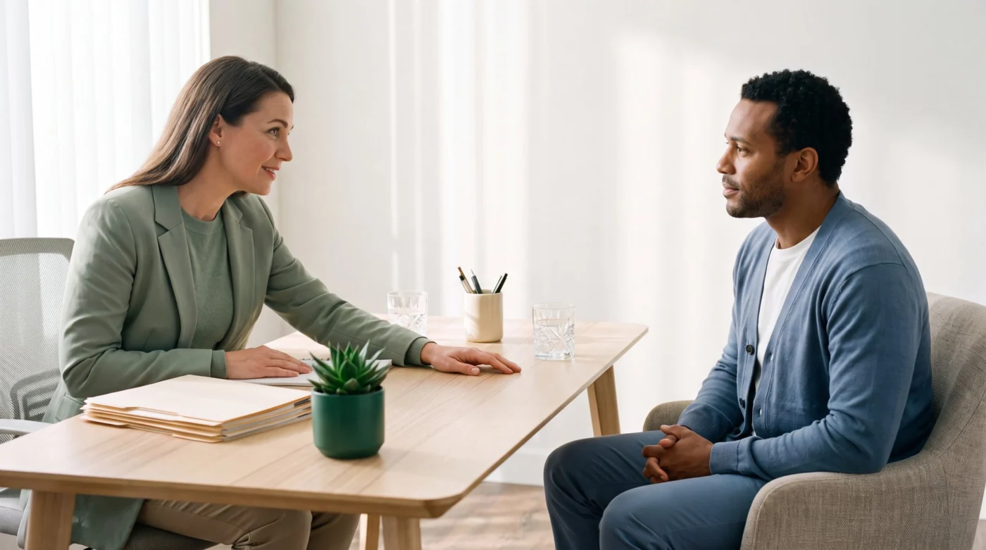 Counsellor and client in a one-to-one discussion session at a table