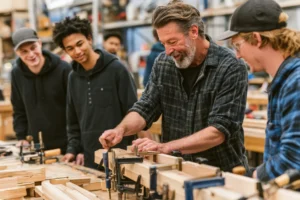 An instructor showing adult learners how to set a clamp on a bench in a joinery workshop