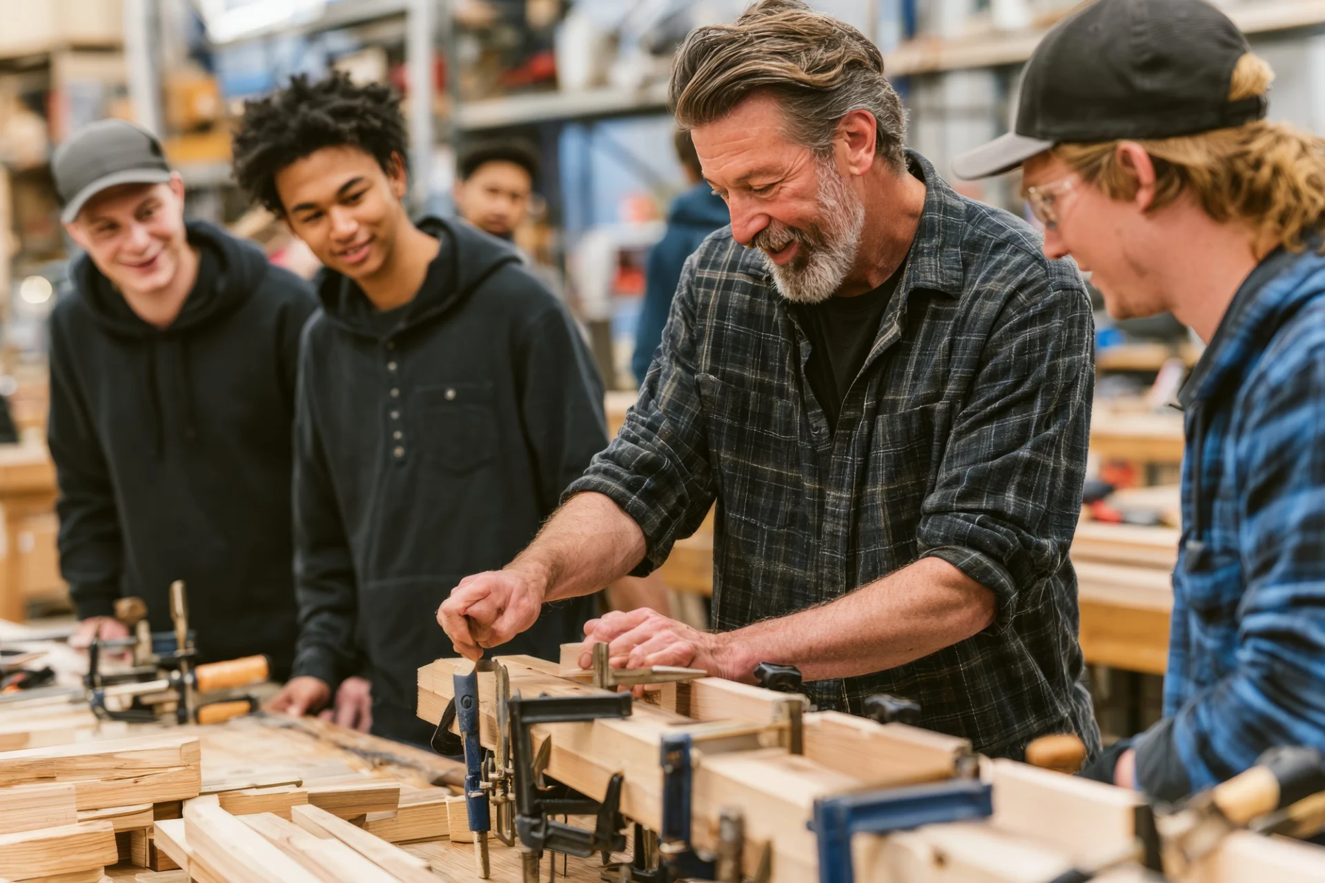 An instructor showing adult learners how to set a clamp on a bench in a joinery workshop