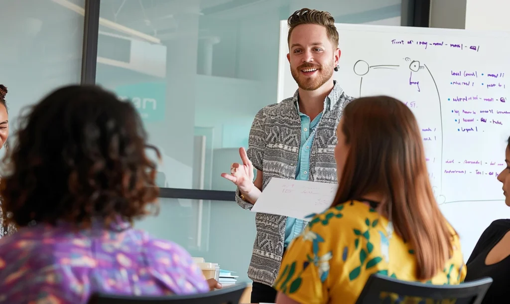 A tutor standing at a whiteboard delivering a short teaching session to a small group of adults