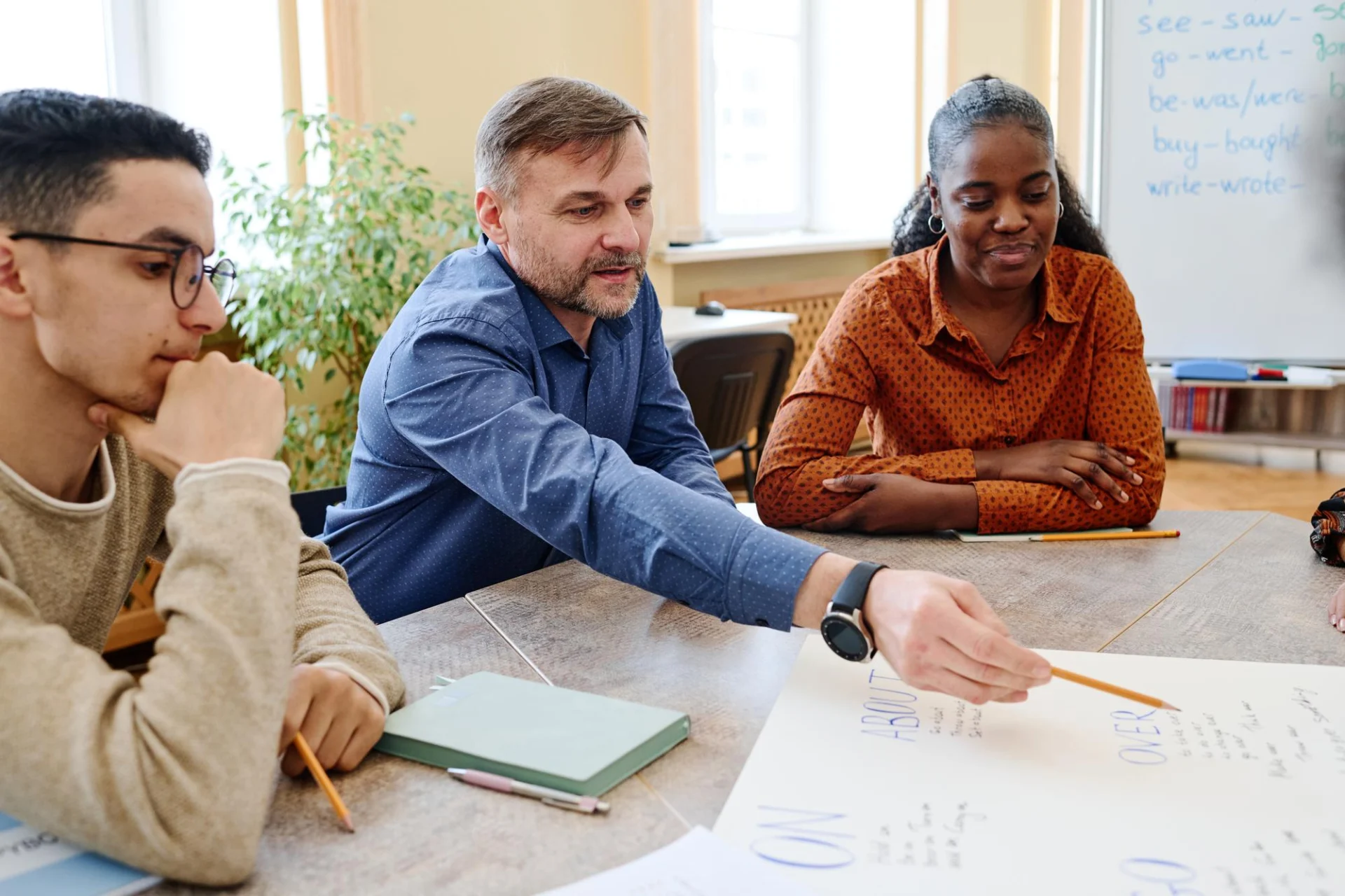 An adult ESOL tutor pointing to a flip chart of prepositions while adult learners follow, irregular verbs written on the whiteboard behind